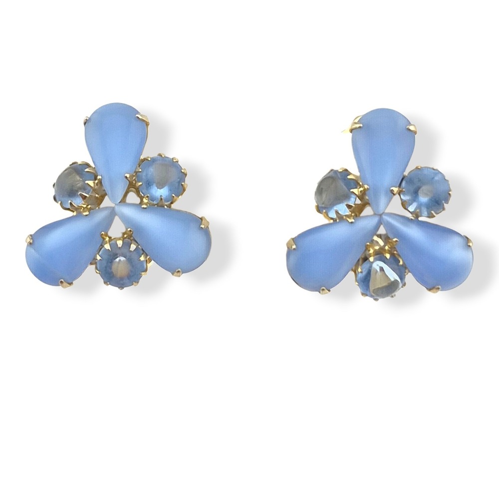 MCM Icy Blue Frosted Art Glass Domed Clip On Earrings Gold Prong Set Vintage